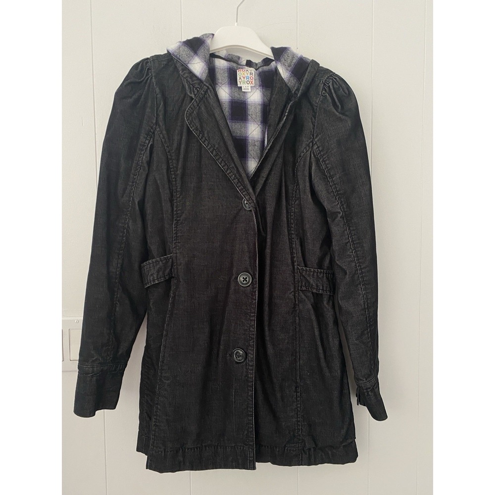 ROXY Sz Large Black Corduroy Coat with Cinched Waist Hood Flannel Lining